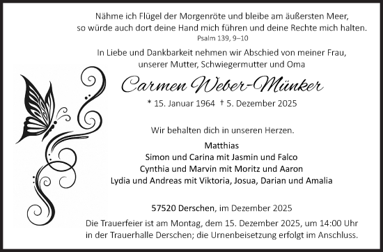 Traueranzeige von Carmen Weber-Münker von Siegener Zeitung