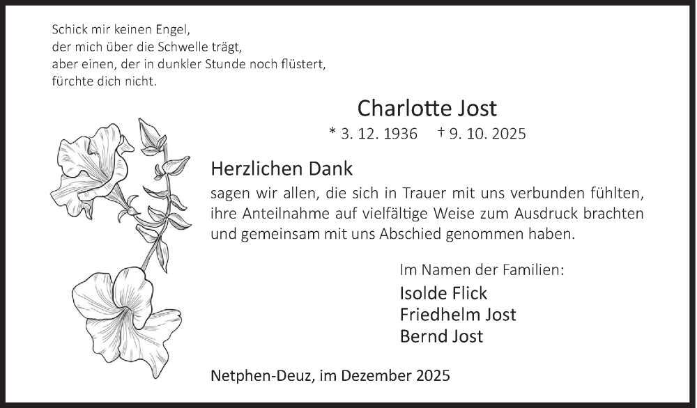  Traueranzeige für Charlotte Jost vom 13.12.2025 aus Siegener Zeitung