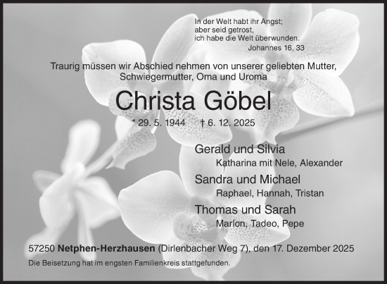 Traueranzeige von Christa Göbel von Siegener Zeitung