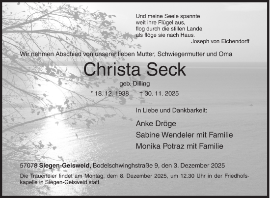 Traueranzeige von Christa Seck von Siegener Zeitung