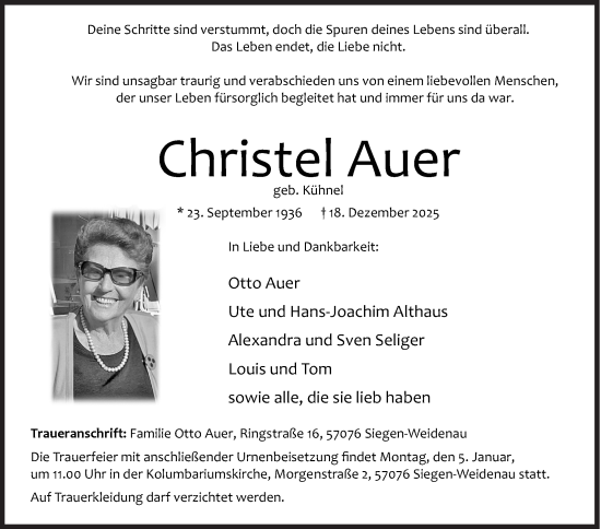 Traueranzeige von Christel Auer von Siegener Zeitung