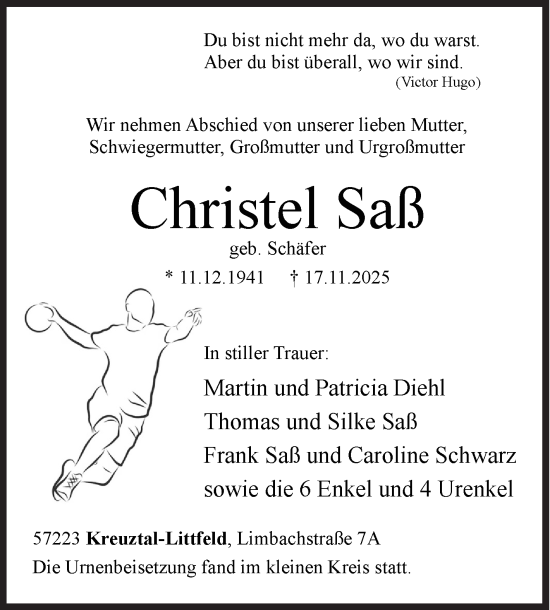 Traueranzeige von Christel Saß von Siegener Zeitung