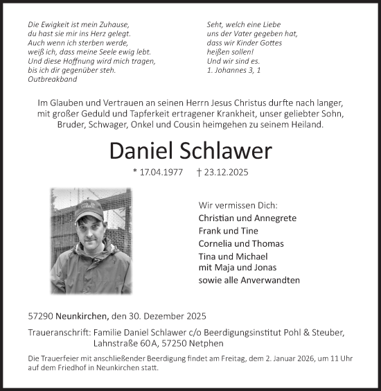 Traueranzeige von Daniel Schlawer von Siegener Zeitung