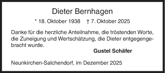 Traueranzeige von Dieter Bernhagen von Siegener Zeitung