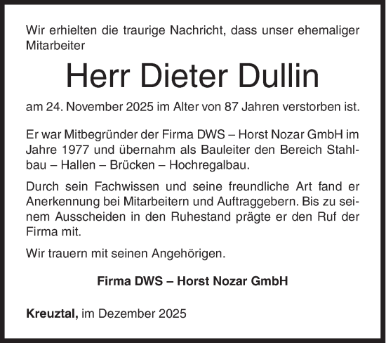 Traueranzeige von Dieter Dullin von Siegener Zeitung