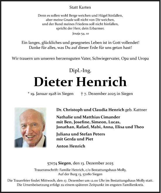 Traueranzeige von Dieter Henrich von Siegener Zeitung