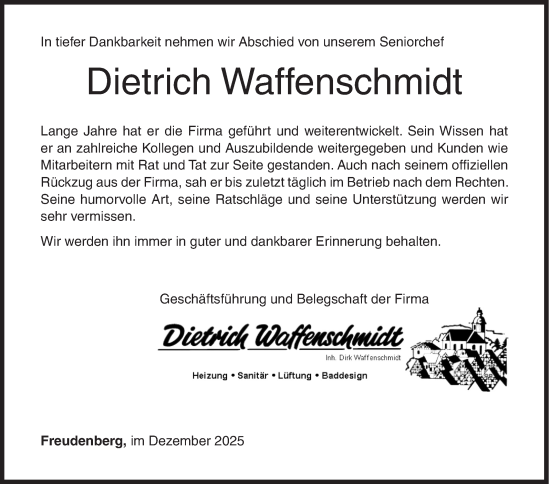 Traueranzeige von Dietrich Waffenschmidt von Siegener Zeitung