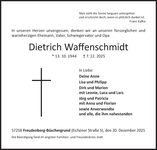 Traueranzeige von Dietrich Waffenschmidt von Siegener Zeitung