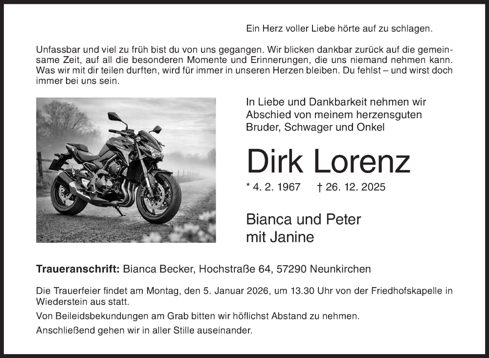  Traueranzeige für Dirk Lorenz vom 31.12.2025 aus Siegener Zeitung
