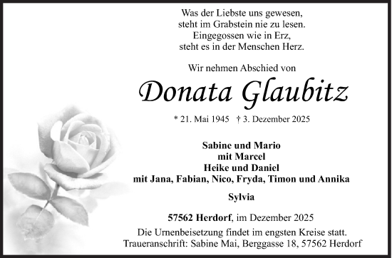 Traueranzeige von Donata Glaubitz von Siegener Zeitung
