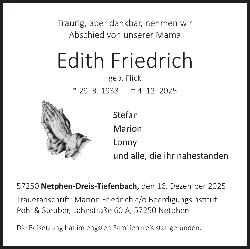  Traueranzeige für Edith Friedrich vom 16.12.2025 aus Siegener Zeitung