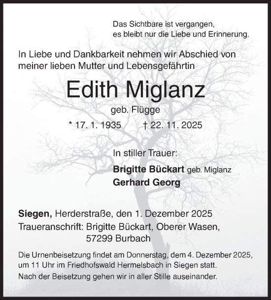 Traueranzeige von Edith Miglanz von Siegener Zeitung