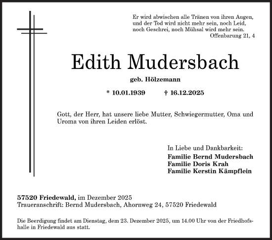 Traueranzeige von Edith Mudersbach von Siegener Zeitung
