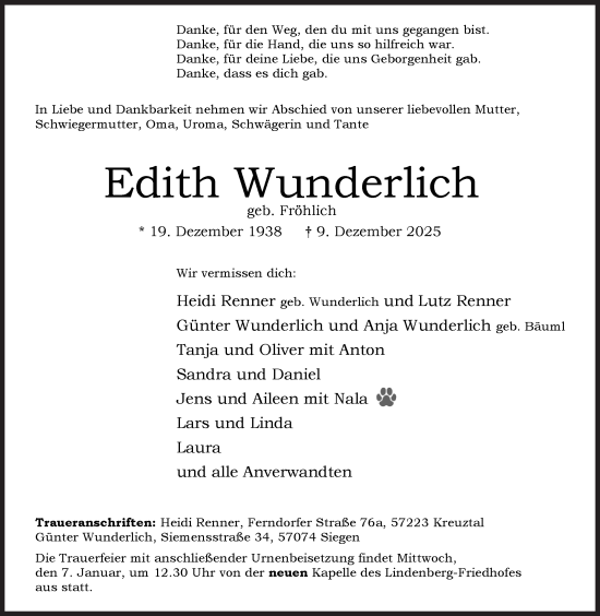 Traueranzeige von Edith Wunderlich von Siegener Zeitung