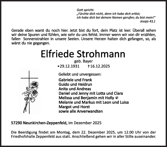 Traueranzeige von Elfriede Strohmann von Siegener Zeitung