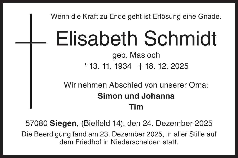  Traueranzeige für Elisabeth Schmidt vom 24.12.2025 aus Siegener Zeitung