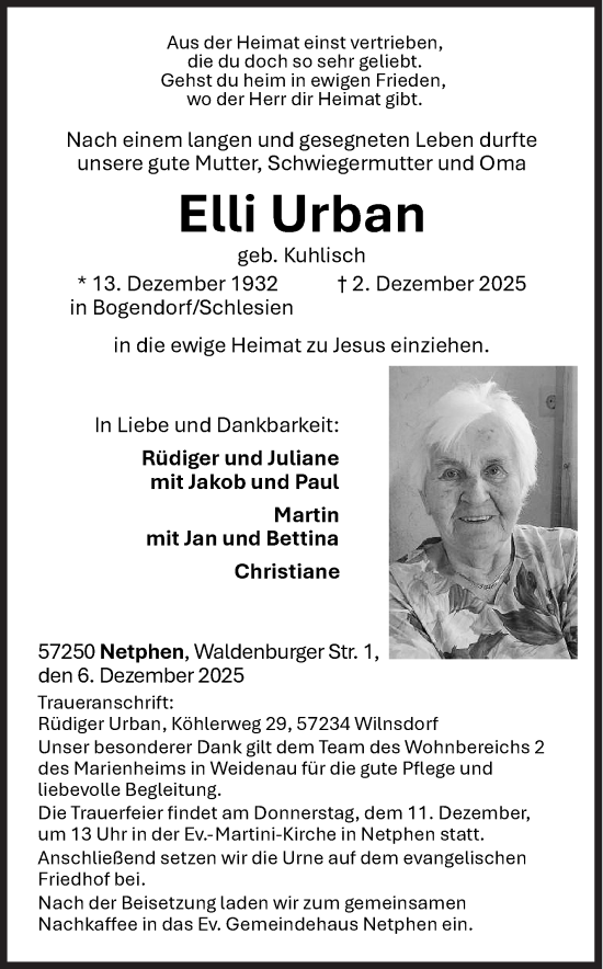 Traueranzeige von Elli Urban von Siegener Zeitung