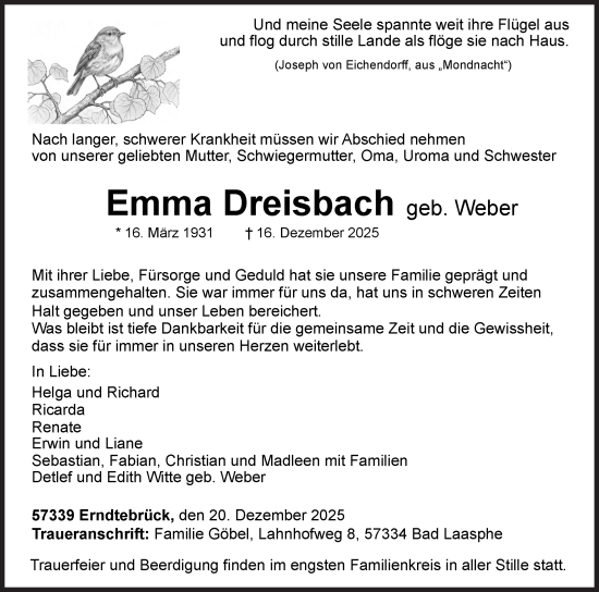 Traueranzeige von Emma Dreisbach von Siegener Zeitung