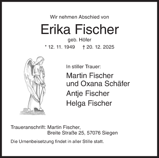 Traueranzeige von Erika Fischer von Siegener Zeitung