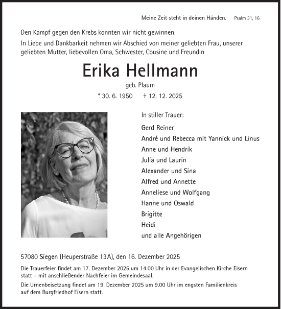 Traueranzeige von Erika Hellmann von Siegener Zeitung