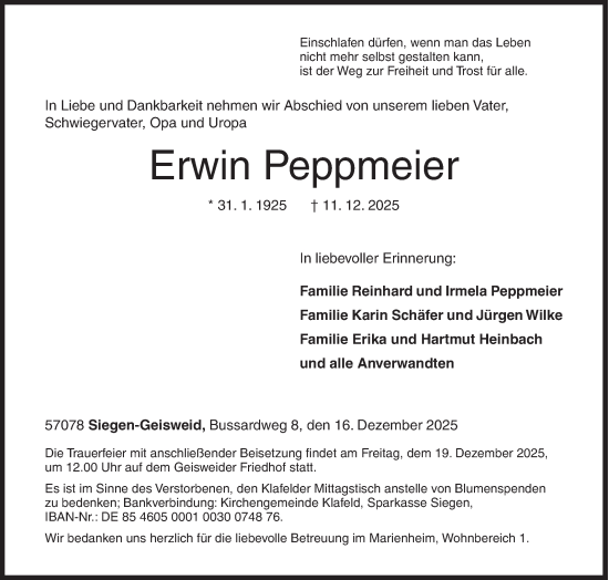 Traueranzeige von Erwin Peppmeier von Siegener Zeitung