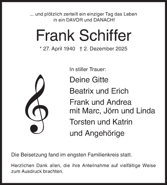 Traueranzeige von Frank Schiffer von Siegener Zeitung