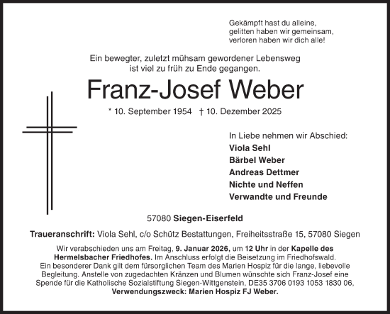 Traueranzeige von Franz-Josef Weber von Siegener Zeitung