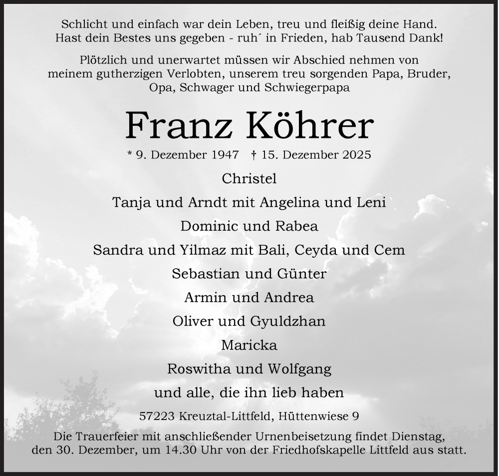  Traueranzeige für Franz Köhrer vom 22.12.2025 aus Siegener Zeitung