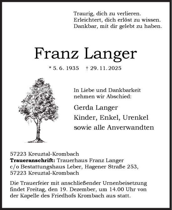 Traueranzeige von Franz Langer von Siegener Zeitung