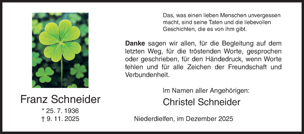  Traueranzeige für Franz Schneider vom 13.12.2025 aus Siegener Zeitung