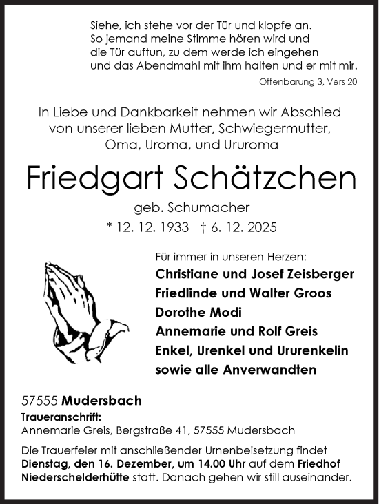 Traueranzeige von Friedgart Schätzchen von Siegener Zeitung