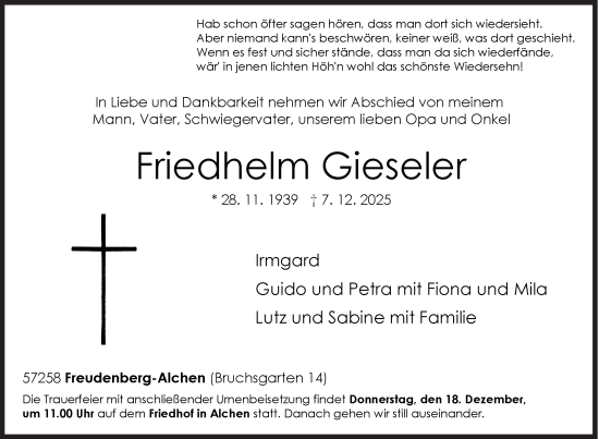 Traueranzeige von Friedhelm Gieseler von Siegener Zeitung