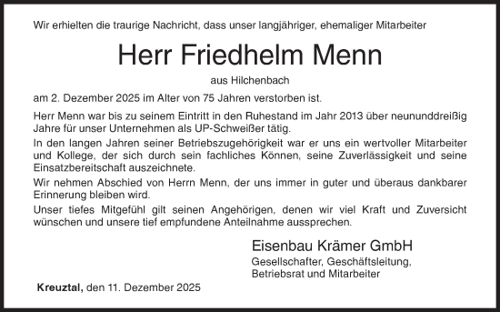 Traueranzeige von Friedhelm Menn von Siegener Zeitung