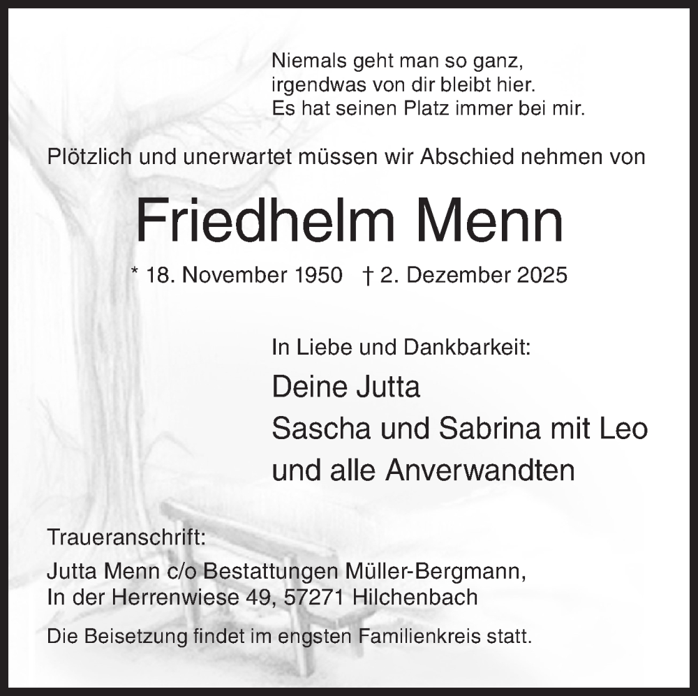  Traueranzeige für Friedhelm Menn vom 06.12.2025 aus Siegener Zeitung