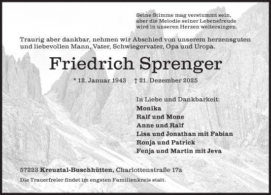 Traueranzeige von Friedrich Sprenger von Siegener Zeitung
