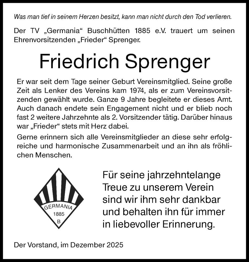  Traueranzeige für Friedrich Sprenger vom 27.12.2025 aus Siegener Zeitung