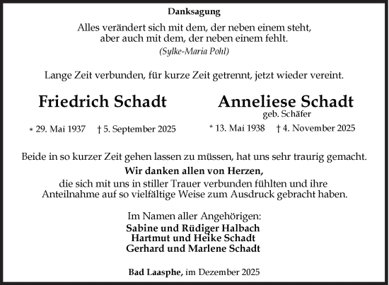 Traueranzeige von Friedrich und Anneliese Schadt von Siegener Zeitung