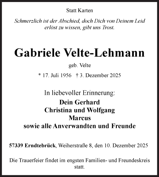 Traueranzeige von Gabriele Velte-Lehmann von Siegener Zeitung