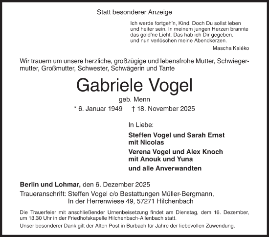 Traueranzeige von Gabriele Vogel von Siegener Zeitung