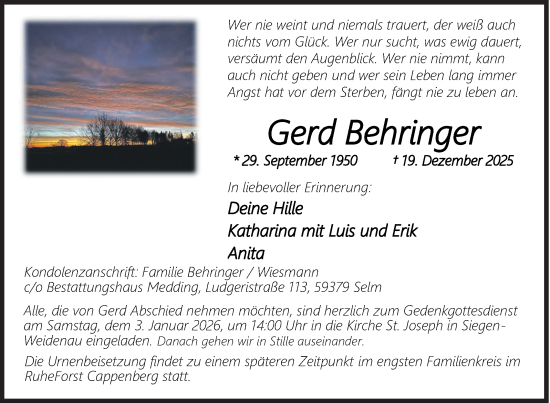 Traueranzeige von Gerd Behringer von Siegener Zeitung