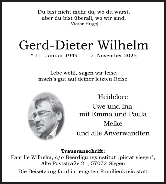 Traueranzeige von Gerd-Dieter Wilhelm von Siegener Zeitung