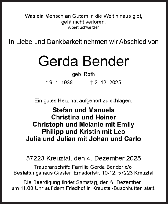 Traueranzeige von Gerda Bender von Siegener Zeitung
