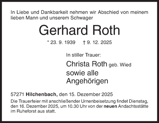 Traueranzeige von Gerhard Roth von Siegener Zeitung