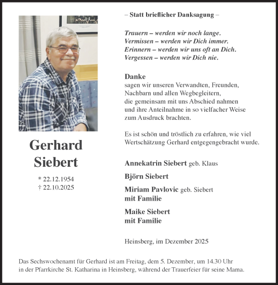 Traueranzeige von Gerhard Siebert von Siegener Zeitung