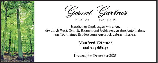Traueranzeige von Gernot Gärtner von Siegener Zeitung