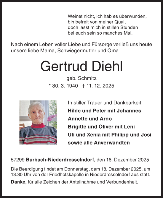 Traueranzeige von Gertrud Diehl von Siegener Zeitung