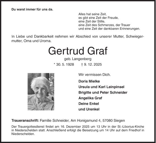 Traueranzeige von Gertrud Graf von Siegener Zeitung