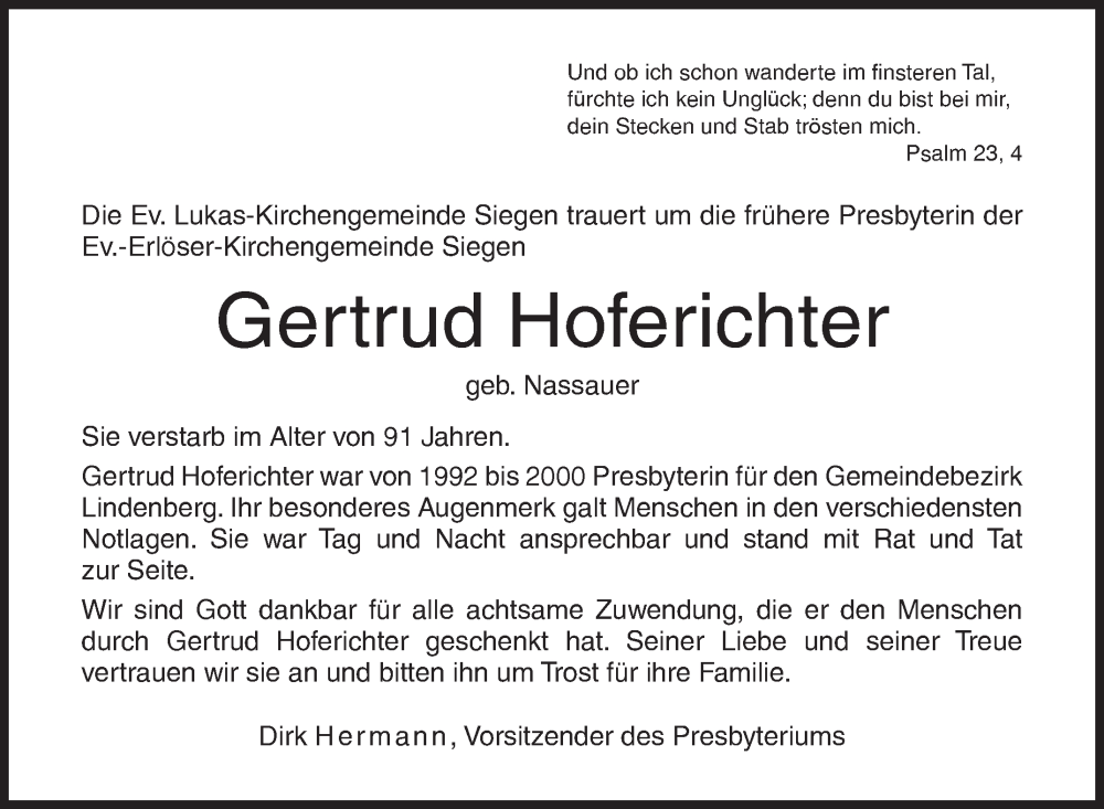  Traueranzeige für Gertrud Hoferichter vom 13.12.2025 aus Siegener Zeitung