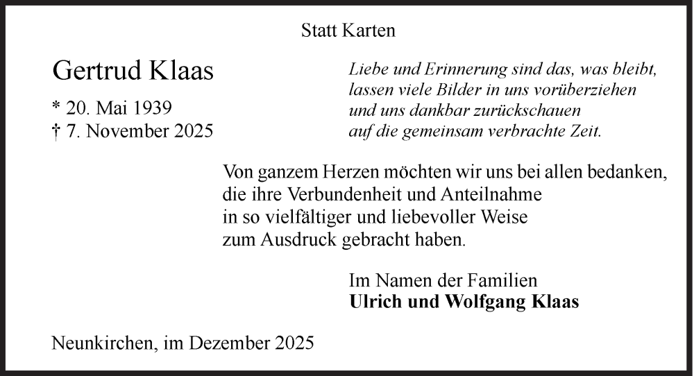  Traueranzeige für Gertrud Klaas vom 13.12.2025 aus Siegener Zeitung