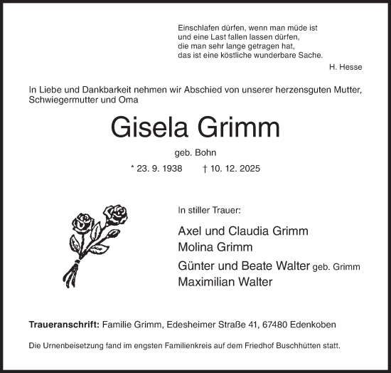 Traueranzeige von Gisela Grimm von Siegener Zeitung